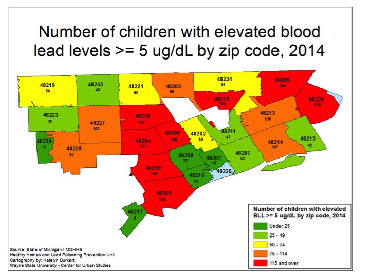 Four Detroit zip codes have more than 16% of tested children with elevated blood lead levels ...